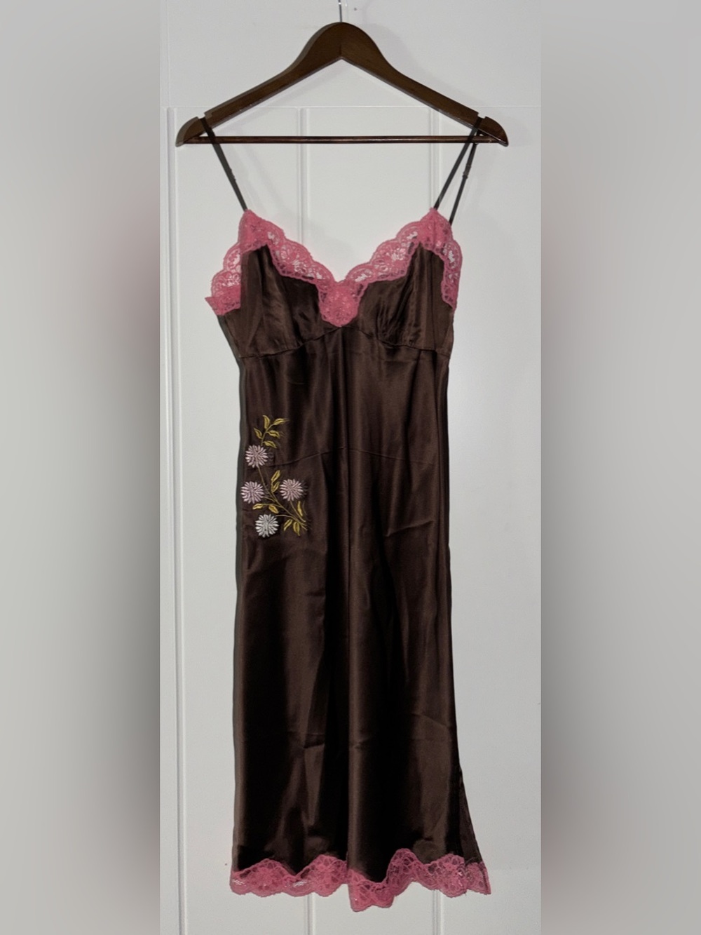 Gold Hawk Java Brown Silk Lace Trim Midi Slip Dress Women M NEW Romantic Love